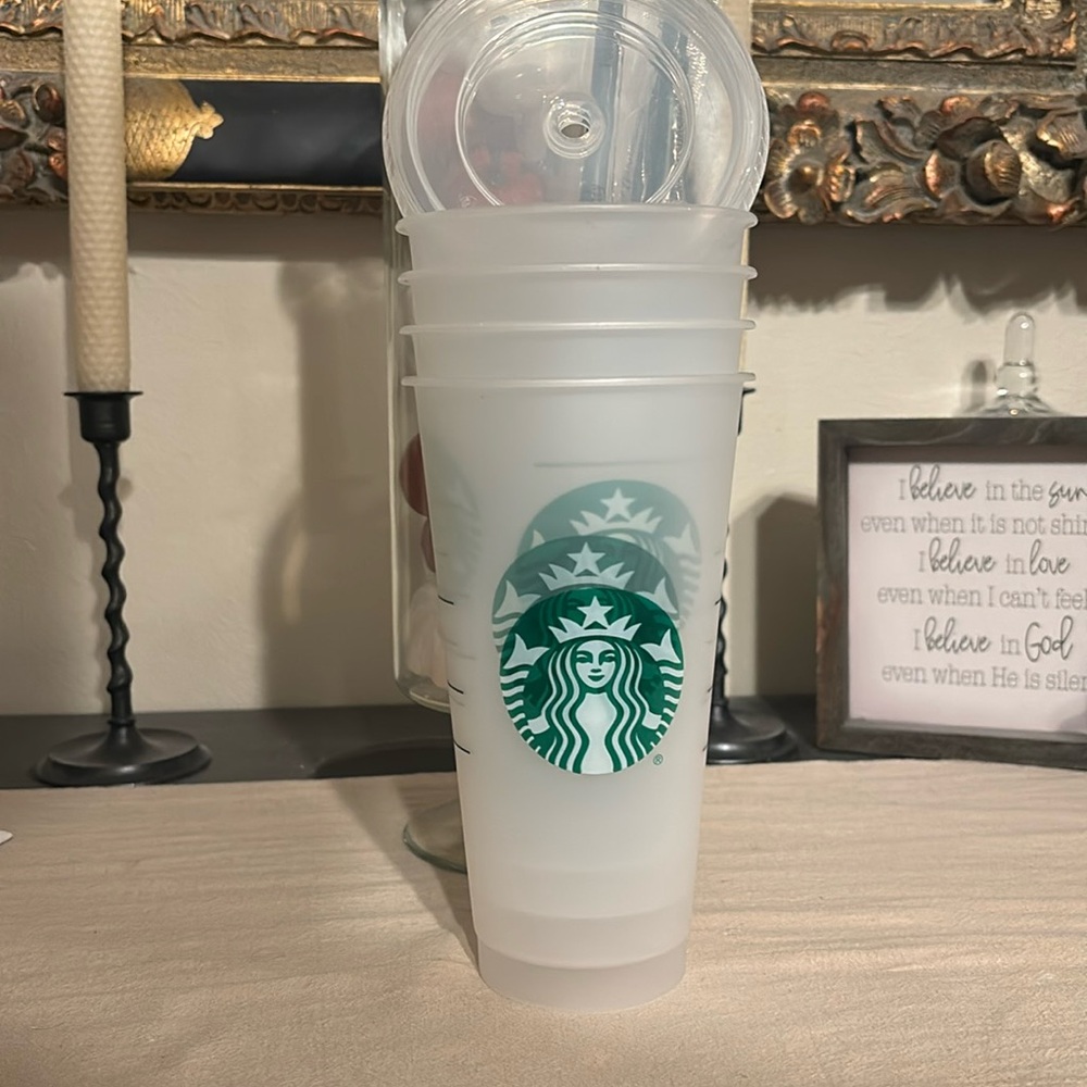 Set of 3 Starbucks clear cold cup tumblers with straws and lids
